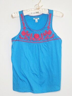 Pool Blue Top with Embroidered Floral Detail in Fuchsia Size S